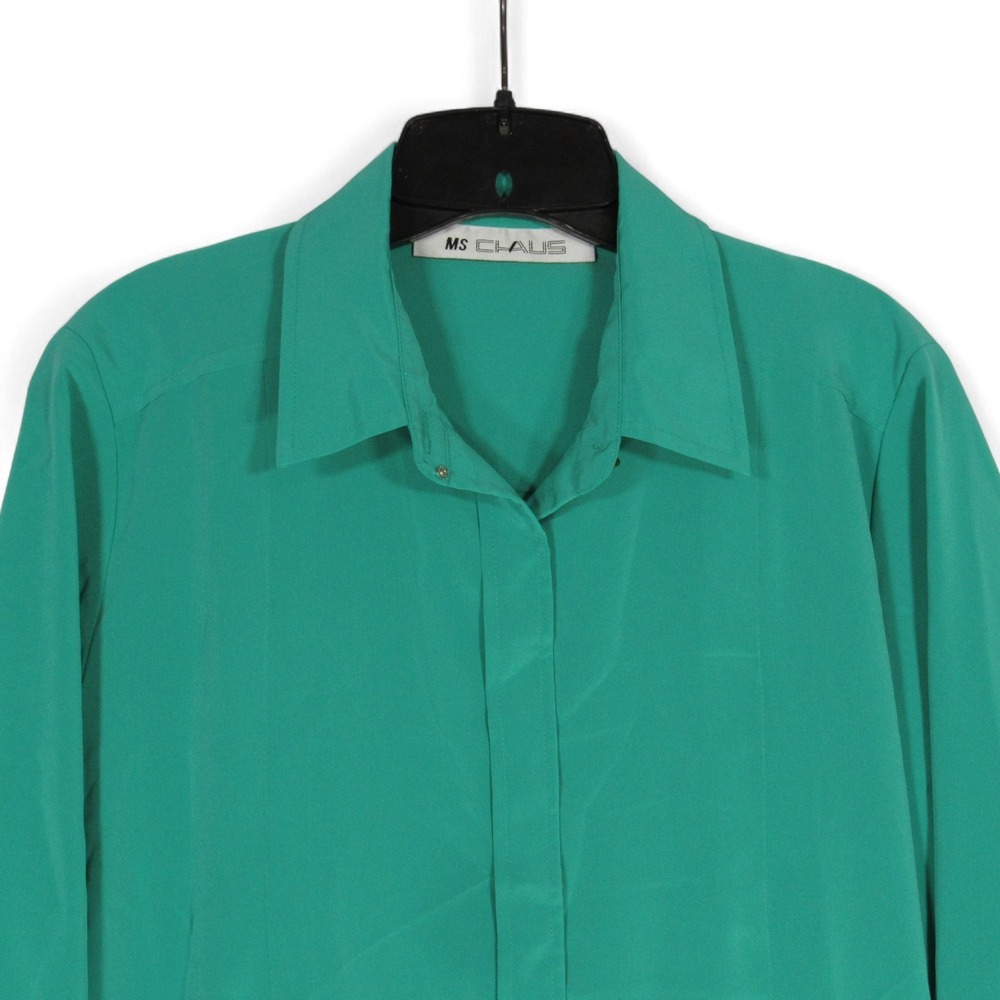 VTG MS CHAUS Green SATIN 1/4 Button ROLL-TAB SLEEVE Midi SHIRT DRESS Sz 12 - Picture 2 of 6
